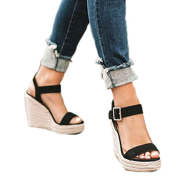 Women Summer Platform Wedge Heel Beach Sandals Leather Ankle Strap Flat Shoes